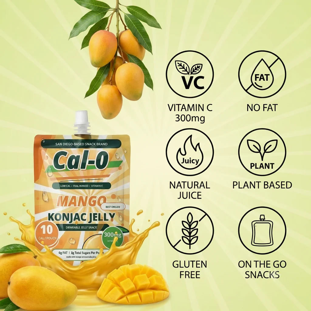 Cal-0 mango konjac jelly pouch with mangoes and product benefit icons