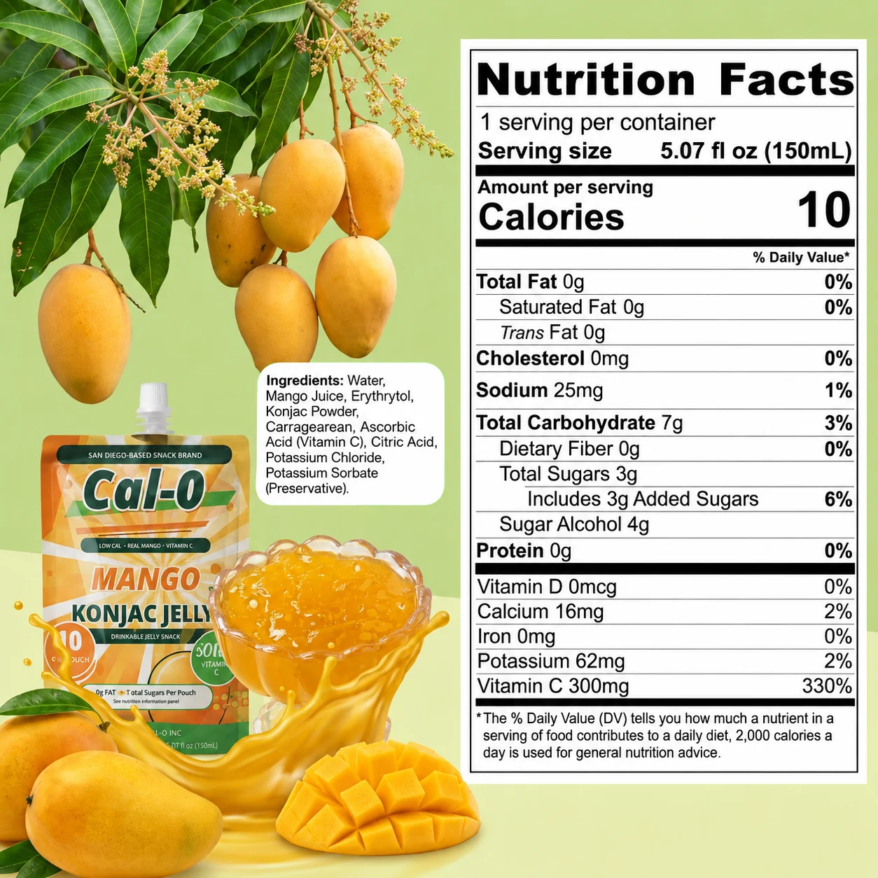 Cal-0 mango konjac jelly pouch beside its pre-production Nutrition Facts and ingredients