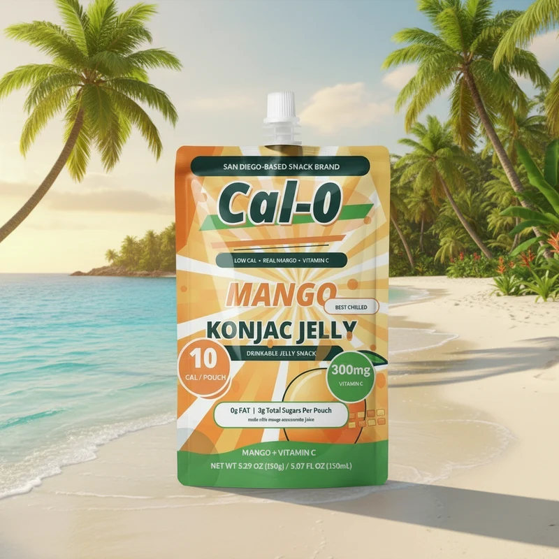 Front of Cal-0 mango konjac jelly pouch on a tropical beach
